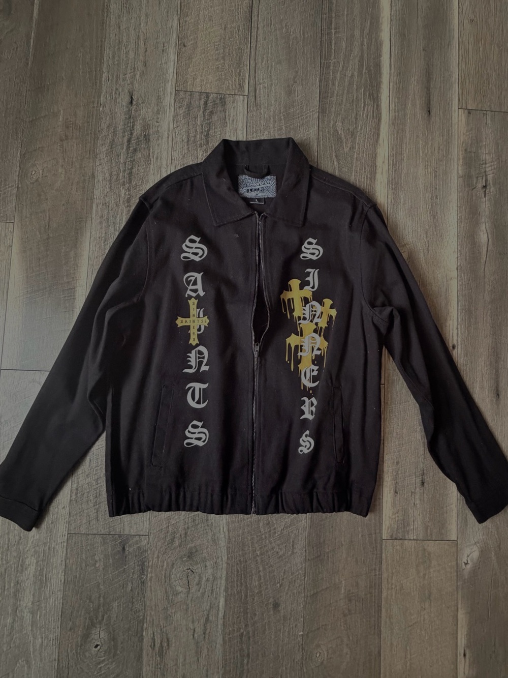Brooklyn Cloth Black Zip Shirt Jacket with Gray Gothic Text and Gold Drip